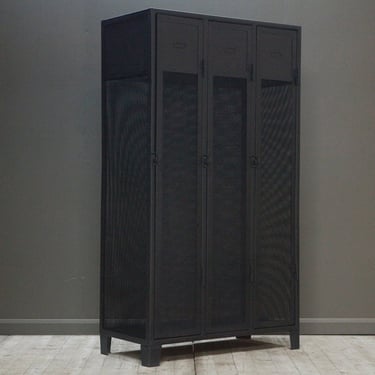 Customisable vintage, industrial, three door, solid mesh locker. 