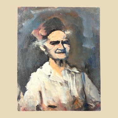 Vintage Portrait Painting 1960s Retro Size 20x16 Mid Century Modern + Old Woman + Oil Paint + Hardboard + No Artist Signature + MCM Wall Art 