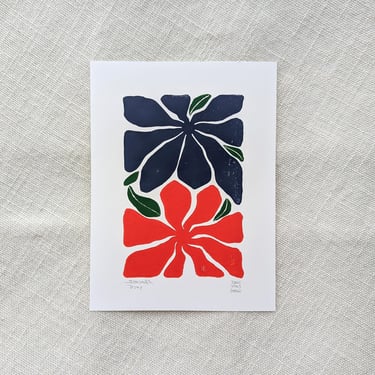 Flower Linocut Print - Navy Blue and Red - 6x8 inches - Printed by Hand 