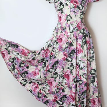80's Floral Fit & Flare Cotton Denim Dress Cottage Style Vintage 1980's 