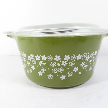 Vintage Pyrex Spring Blossom Green 473-B Casserole with Lid - Avocado Green Crazy Daisy Spring Blossom Pyrex Casserole 