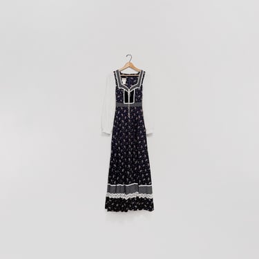 Vintage 70's Gunne Sax Jessica Prairie Corset Long Maxi Dress Women's Small 5 Long Sheer Sleeves Cottagecore Navy Blue Floral Pockets 