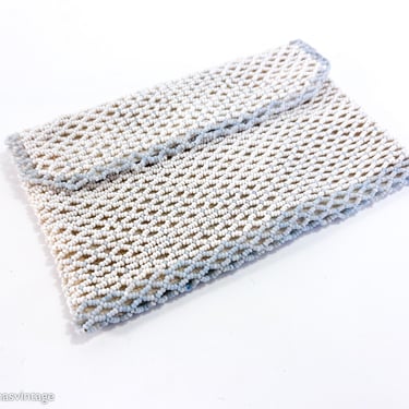 1930s Vintage White  Beaded Evening Bag | White & Blue Bead Clutch 