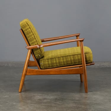 Restored Mid-Century Modern Wood Lounge Chair with Green Plaid Cushions 