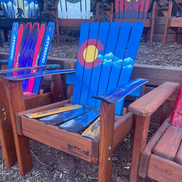 Hand Painted Indoor/Outdoor Alpine Ski Chair, Colorado Flag Ski Chair, Wood Patio Chair, Fire-pit Chairs, man cave chairs, skis 
