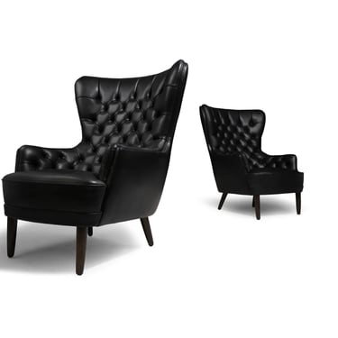 Pair of Georg Kofoed Sculptural Danish Wingback Chairs in Black Leather