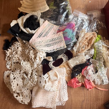 Lot of Victorian to 1970s Lace Crochet Trims Ribbons Feathers Studs and More 