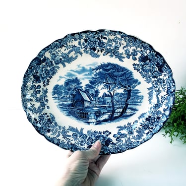 Vintage Johnson Bros Mill Stream Blue Oval Platter: England, 1970s 
