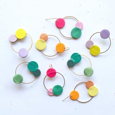 Large Gumball Orbit Earrings - Colorful Leather Circle Earrings 