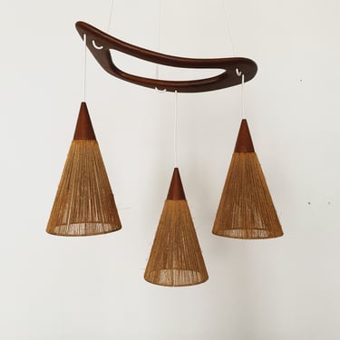 Mid-Century Modern teakwood and raffia raffia cascading lamp by Jean Rispal | 1960s 