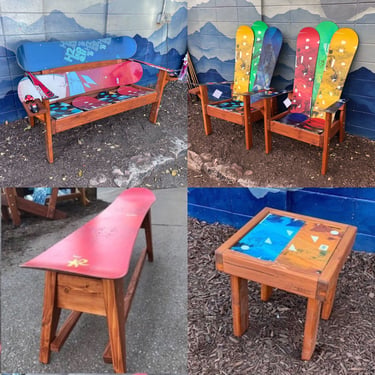 Recycled Snowboard Furniture Set of 5 – Snowboard Chairs, Benches, and Table 