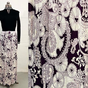 Vintage Black Paisley Maxi Dress, Mod Evening Hostess Gown Long Sleeves 1960s Small Medium 