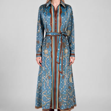Blue Brown Print Belted Midi Dress
