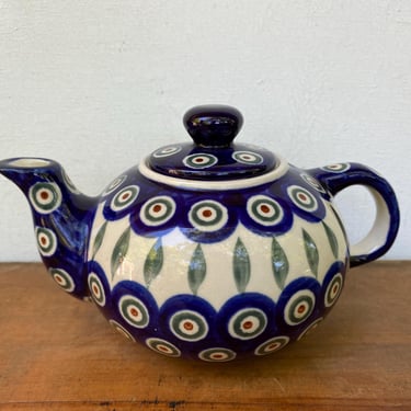 Vintage Boleslawiec Peacock Teapot Hand Made In Poland, One Cup Of Tea Size, Has Been Used Not Brand New 