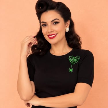 Spiderweb Neon Green Web Sweater, Retro Halloween Knit Top, Vintage Inspired Spider Shirt, Rockabilly Halloween Top, Spooky Season Outfit 