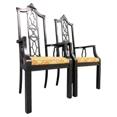 Elegant pair of 1970s Black Chinoiserie Arm Chairs w/Carved Details Mid Century