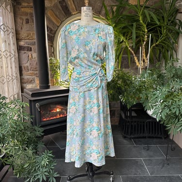 Vintage 1980s Does 1940s Pastel Floral Rayon Cummerbund Dress Lanz Original 