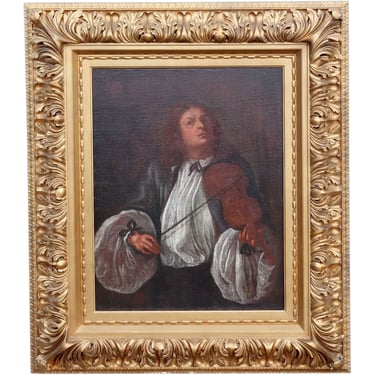 French School Baroque Oil on on Canvas Painting, Portrait of a Musician