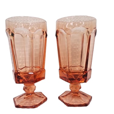 Vintage Fostoria Virginia Peach Iced Tea Glasses Pink Footed Goblets 12oz Set 2 