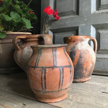 19th C Pottery Jug, Small Pitcher, Glazed Terra Cotta, Flower Vase, Rustic European Farmhouse, Farm Table 
