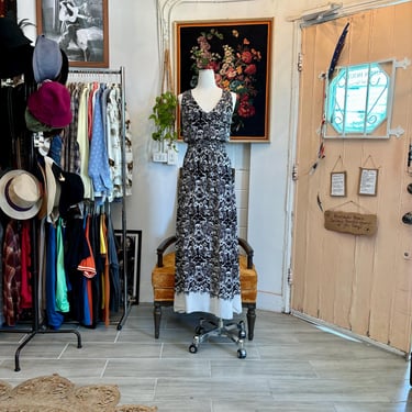 vintage black white floral swirl maxi tank dress 