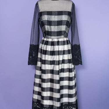 1980s William Pearson Thai Silk Plaid Dress with Mesh Overlay and Lace Trim 