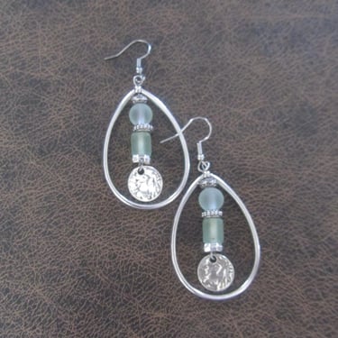 Silver hoop and sea green frosted glass earrings 