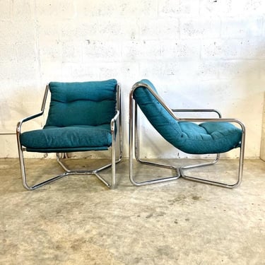 Pair Mid Century Tubular Sling Chrome Chairs 