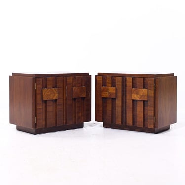 Lane Staccato Mid Century Brutalist Walnut Nightstands - Pair - mcm 