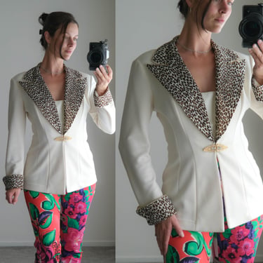 Vintage 80s CACHE Ivory Leopard Rhinestone Trimmed Peak Lapel Unstructured Blazer w/ Gold Art Deco Clasp | 1980s 1990s Designer Jacket 
