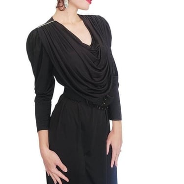 Vintage 1980s Oscar de la Renta Evening Dress Black Liquid Jersey Rhinestones Cowl Neck M 