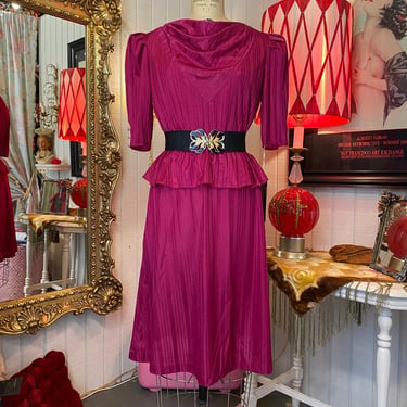 vintage 1980s magenta peplum dress puff sleeves draped 80s fashion secretary sm 