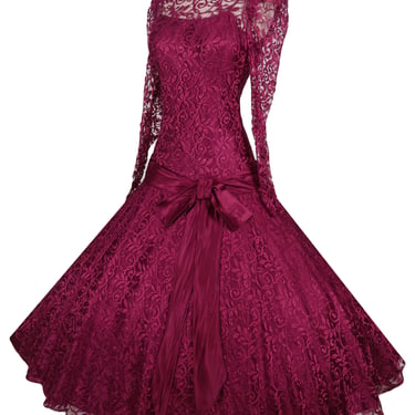 Vintage 80s 20s Prom Dress S Small Party Burgundy Floral Lace Drop Waist Satin Bow Long Sleeves Flapper Dance Costume Womens Full Skirt 