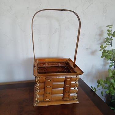 Large Handle Vintage Bamboo Basket Planter 