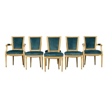 Antique French Louis XVI Style Painted Dining Chairs in Blue Velvet - Set of 6 