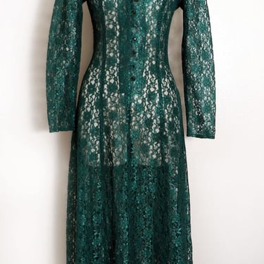 80's Emerald Green Lace Long Dress, Lace Up Back, Vintage, 1980's, Sheer 