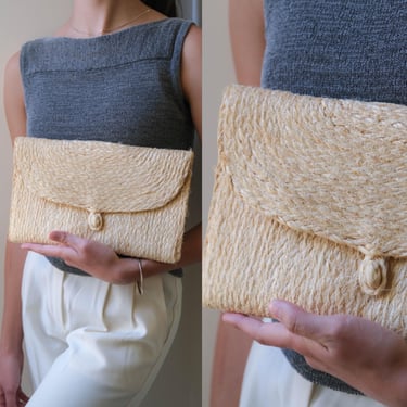 Vintage 70s Natural Raffia Envelope Clutch | Handwoven Straw Bag | Boho Resort Evening Bag | 1970s French Riviera Style Purse 