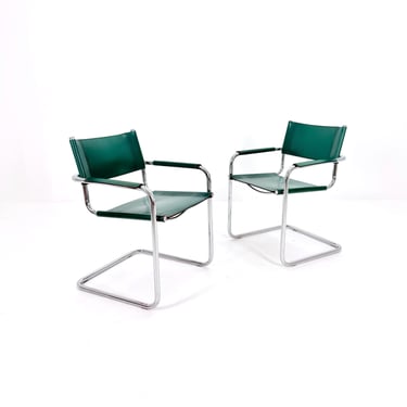 Set of 2 S34 Bauhaus Cantilever Chairs – Dark Green Leather – Mart Stam & Marcel Breuer – Italy 1980s 