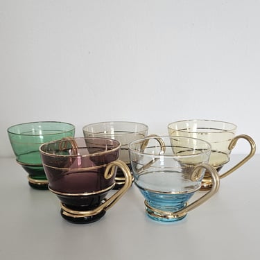 Mid-Century Midern Jewll/ Tone Glass Coffe Set/ Set of 5 Hand-  Blown Cups with Brass Holders/ Vintage 1960s Glassware 