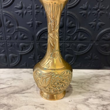 Japanese Brass Etched Vase with Phoenix and Bamboo