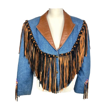 Vintage Fringe Jacket Diamond Denim & Leather Fringe Jacket Denim Jacket Beadwork Embellishments Size Medium Snap Button Closure 