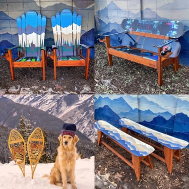 Outdoor Patio Set of 6 -  Includes: 2 mtn Snowboard Benches, 2 Mural Painted chairs, 1 large bench & a pair of vintage snowshoes 