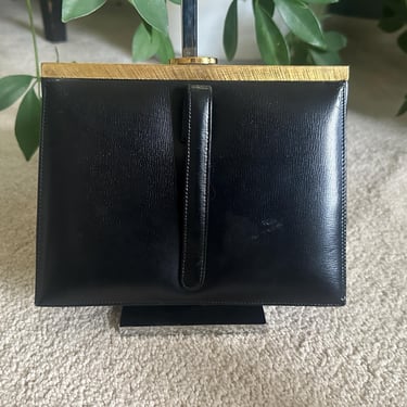 Vintage 1950s Black Leather Clutch Bag Dance Strap Mondaine 