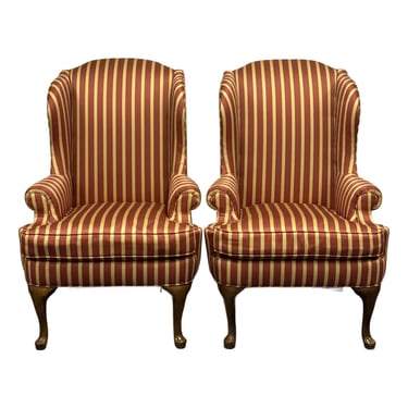 Late 20th Century Striped Upholstered Wingback Chairs- A Pair 