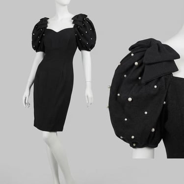 Vintage 1980s Puff Sleeve Dress With Bow And Pearl Details Size S/M 