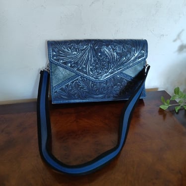 Vintage Hand Tooled Blue Leather Envelope Style Crossbody Clutch Messenger Bag 