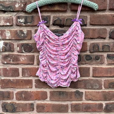 Vintage 90s Betsey Johnson Pink Floral Bow Strap Camisole Tank Top Small Medium by TimeBa
