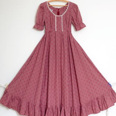 vintage 70s prairie dress by Laura Ashley / puffed sleeves empire waist ruffled skirt / cotton calico / size XS 