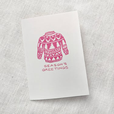 Christmas Sweater Greeting Card, Block Printed/Hand Painted 5x7 inch Greeting Card in Pink, Blank Inside 