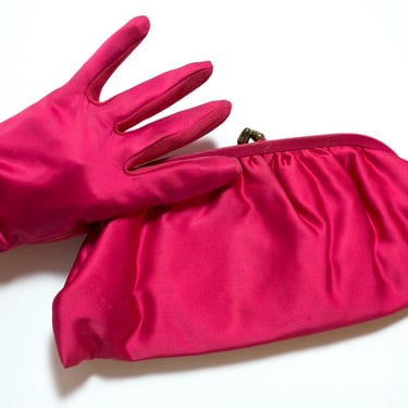 Lush Vintage 50s 60s Dark Pink Satin Clutch Purse & Matching Gloves 